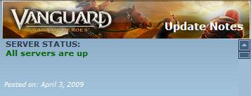 Screenshot of Vanguard's update notes on the SOE Station Launcher, dated April 3 2009.