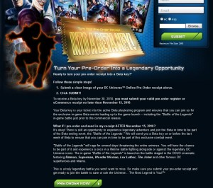 DCUO's pre-order text for PC and PS3