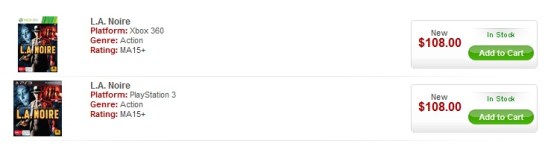 The price of LA Noire in Australia: AU$108