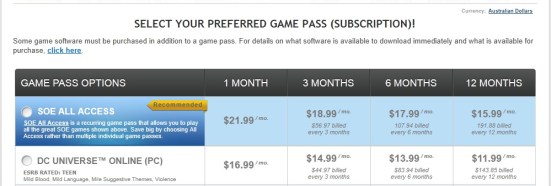 DCUO's Game Pass pricing page