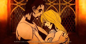 The comic-style scenes that depict the back story throughout Dante's Inferno.