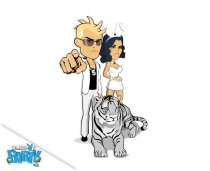A man in a white suit, a white tiger and a Playboy Bunny dressed in white.