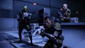 A screenshot from Mass Effect 2 showing cover and guns.