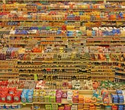 Shelves showing a large range of product choices.