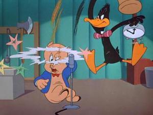 Duffy Duck and Porky Pig in a particularly violent game show.