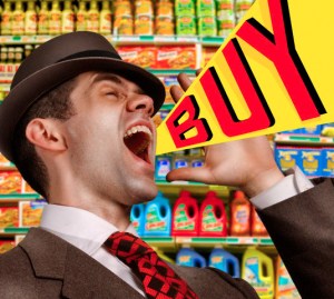 A salesman yelling, "Buy!"