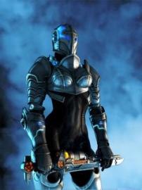 A female Templar in plate armour holding a gun.