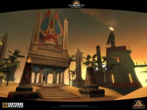 Some Egyptian-themed buildings from Stargate Worlds. There are some buildings and they look Egyptian. Nice sunset too.