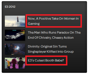 At the top is a "positive take on women in gaming"; at the bottom an article on the "cutest booth babes"