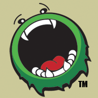 He's green. He's a monster. Big mouth, big teeth, mainly just a head.