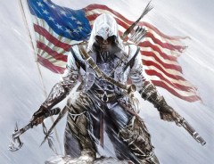 Assassin's Creed 3 cover art, complete with Ol' Glory flapping patriotically in the background. Connor Kenway posing in front of the US flag. Like Native Americans tend to do.