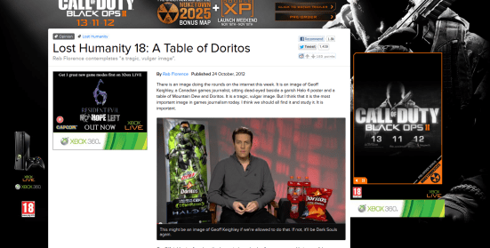 Geoff Keighley surrounded by Doritos and Mountain Dew that is in turn wrapped by Rob Florence's column that is in turn surrounded by ads for current video game titles.