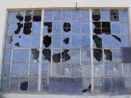 A lot of broken window panes. 