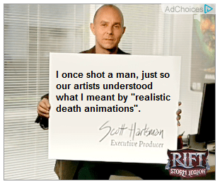The card says, "I once shot a man, just so our artists understood what I meant by "realistic death animations"".