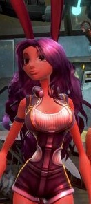 She's in tight clothes, with purple hair and long rabbit ears.