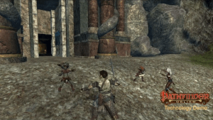 Characters fight goblins in the Pathfinder Online technology demo.