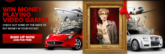 WIN MONEY PLAYING VIDEO GAMES, and lots of it, according to the aspirational picture.