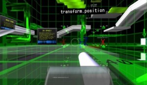 Green-y square-y blocky code-y things. There's a gun that shoots programming. 