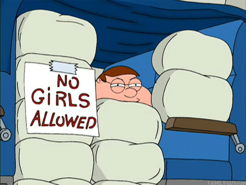 Peter Griffin from Family Guy in his No Girls Allow pillow fort.