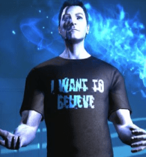 A The Secret World character in an "I Want To Believe" t-shirt