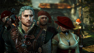 Geralt standing next to Margot, the brothel madam in Flotsam.