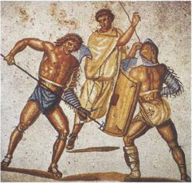 An ancient picture of gladitors fighting.  This image (or other media file) is in the public domain because its copyright has expired.