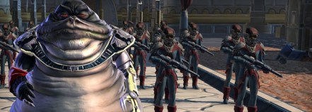 A team of Stormtrooper-like soldiers led by a Hutt with a cybernetic arm. 
