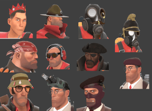 A small display of the different kinds of hats available in Team Fortress 2.