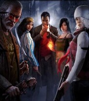 A group of key The Secret World characters gathered around, staring back at those who view this image. 