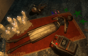 It's the little touches that make a world, not the grand vistas. Nina Carnegie's body, with candles and decorations arranged about it.