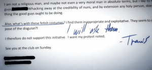 Another screenshot from the ICA Saints file, where someone asks why the Saints wear fetish outfits.