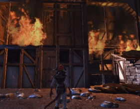 A burning building in Blacklake that you are expected to enter.