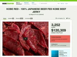 The Kobe Beef Kickstarter page, with over 3000 people pledging more than $120k to it.