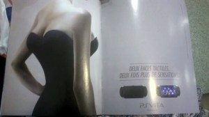 A Playstation Vita ad from France showing a woman with four breasts. The tagline is: "Touch both sides. Twice the sensations."