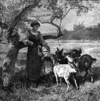 A black and white image of a woman eating an apple off a tree and a small girl trying to keep her apple being taken from her by some goats.