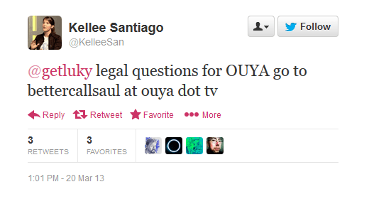 A developer is directed to the bettercallsaul@ouya.tv address for legal queries.