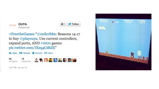 A tweet promoting game emulation and a screenshot of Super Mario Brothers that went through the official OUYA twitter.