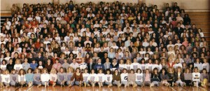 A class photo with a lot of people in it. 
