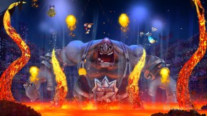 Rayman takes on a huge wrestler in a lava pit. 