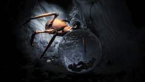 The spider woman attacking the brothers inside a web sack.