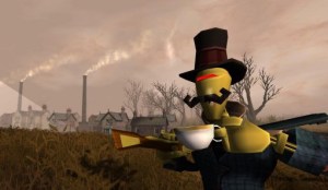 A robot in a top hat is drinking tea while also holding a shotgun.